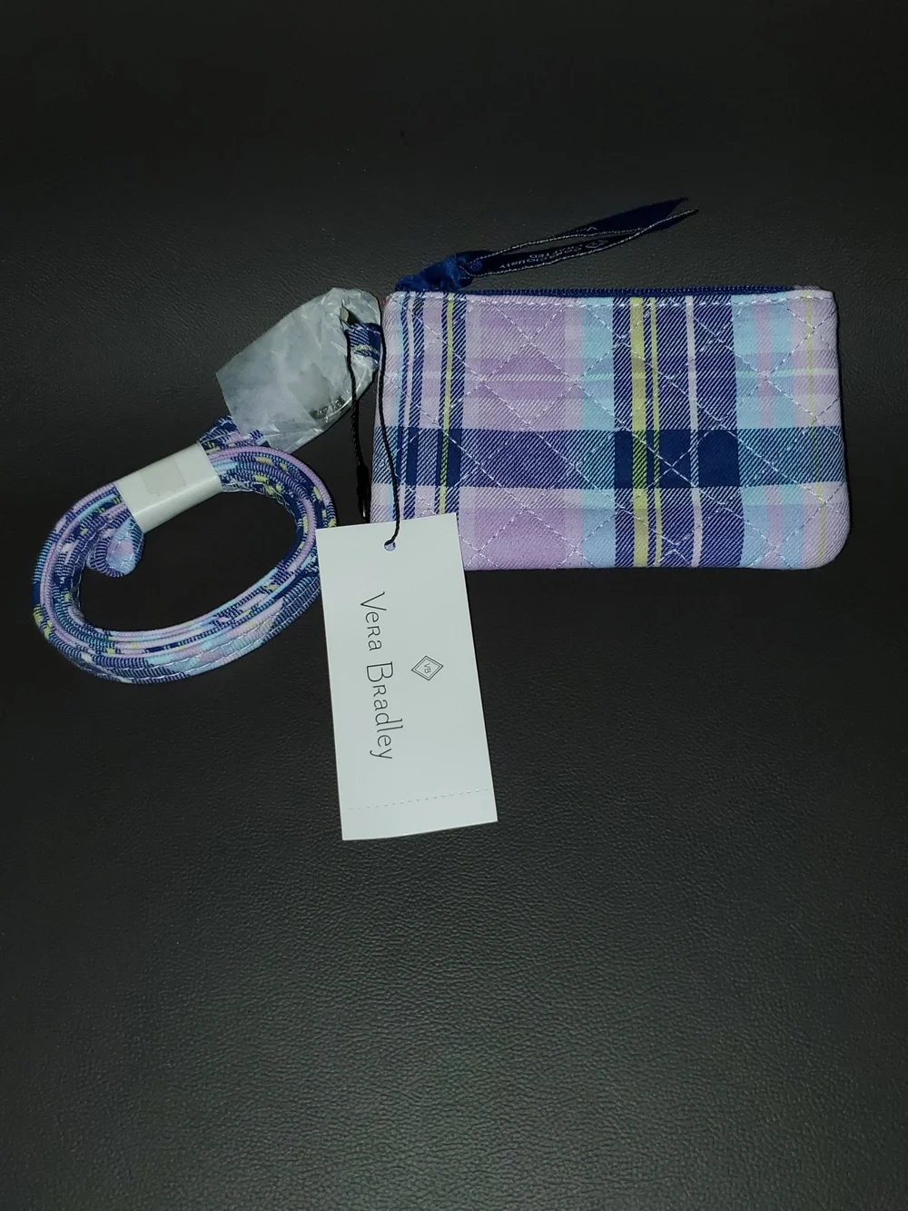 NWT Vera Bradley Zip ID Lanyard Amethyst Plaid